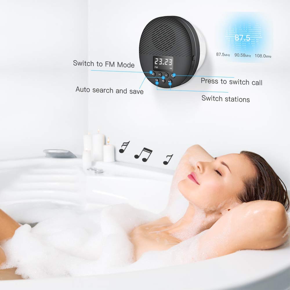 Shower Radio Speaker With Bluetooth 5.0, Agptek Waterproof Wireless Bathroom Fm With Suction Cup 12H Long Playback Time, Lanyard