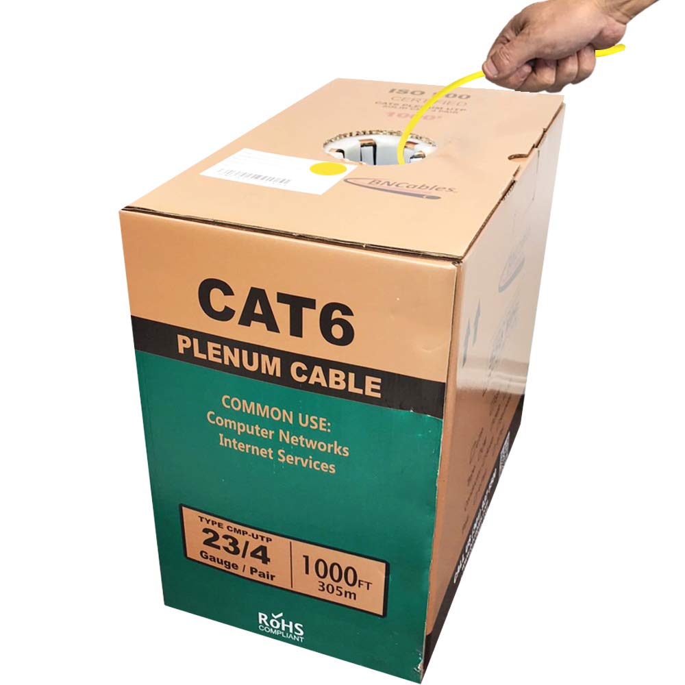 Bncables 550Mhz Cat6 Plenum Cable 1000Ft Blue, 23Awg 4Pair, Solid Network Cable Unshielded Twisted Pair (Utp), Available In Blue, White, Yellow, Gray, Purple, Green & Black (Yellow)