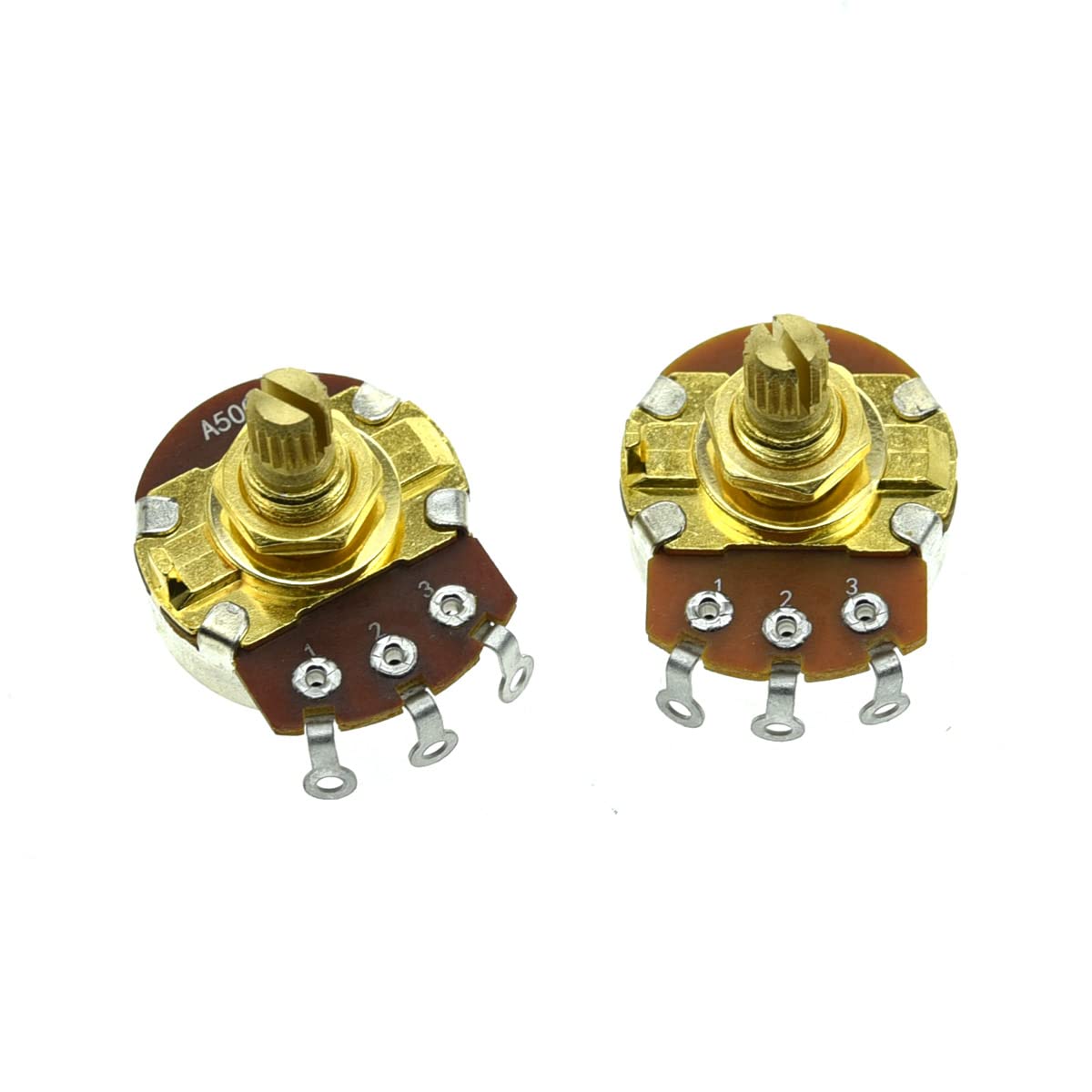 Kaish Pack Of 2 Full Size Metric Guitar Bass Pots With 15Mm Short Brass Shaft Audio Taper Or Linear Taper Potentiometers A500K