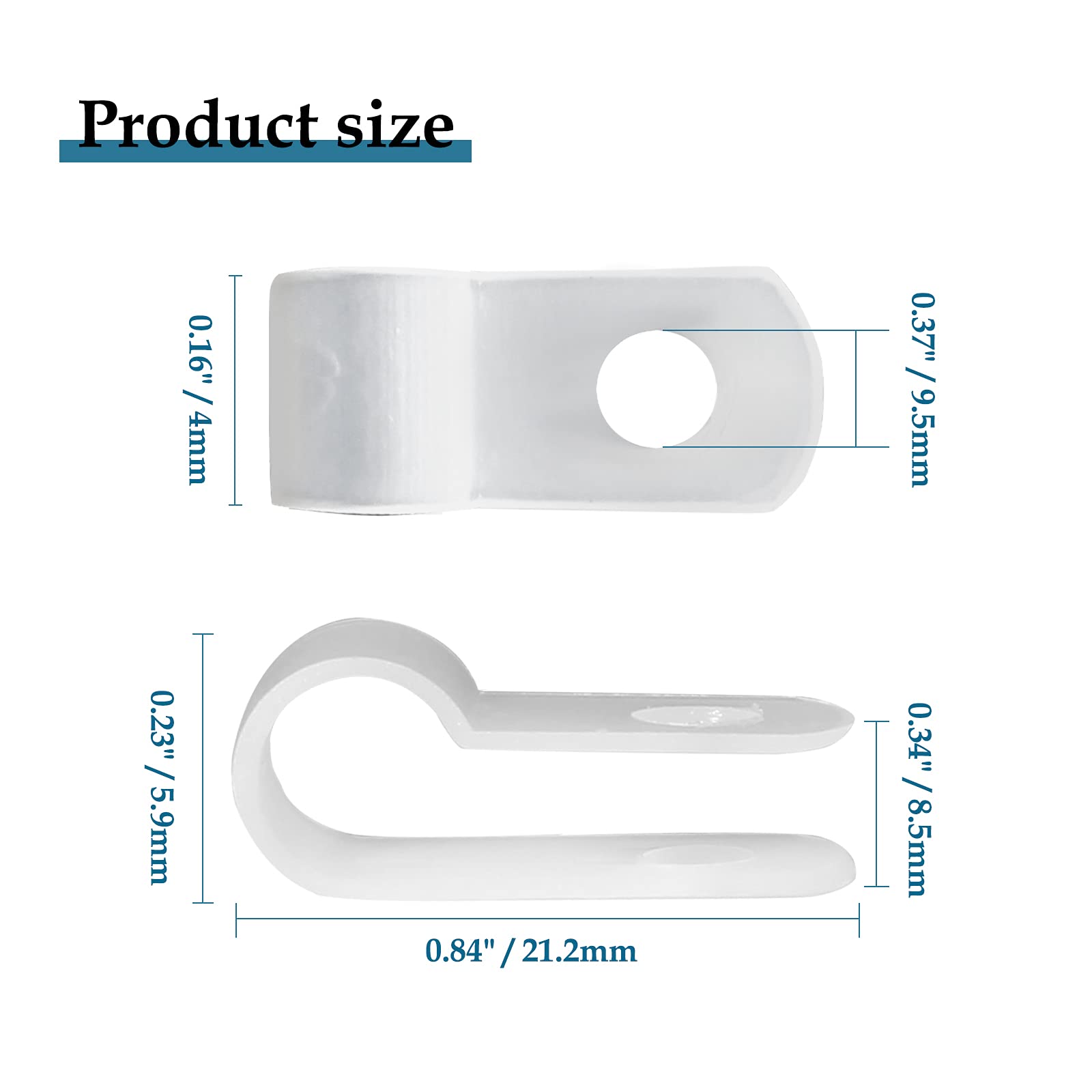 Rierdge 100 Pcs R-Type Clip Clamp, 1/4 Inch Nylon Cable Mounting Clips, White, Model SDD2106160013, Includes Stainless Steel Screws