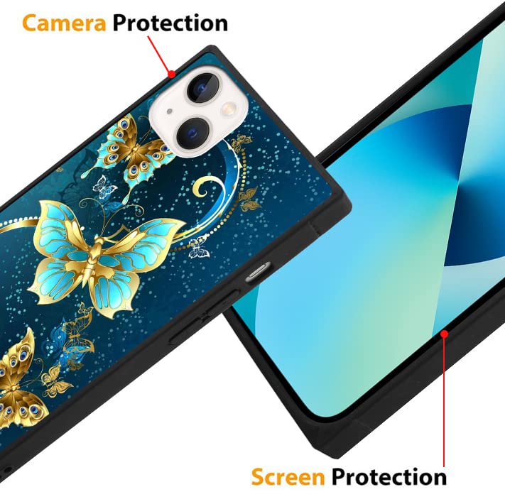 SAKUULO iPhone 13 Case with Screen Protector & Kickstand Blue Butterfly Print Slim Polycarbonate