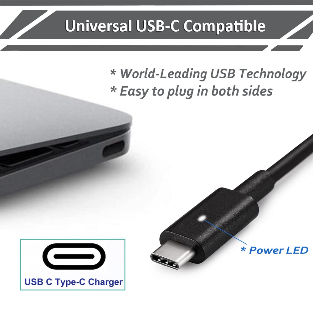65W Type C Charger Fit For Dell Latitude 12 13 5179 5285 5289 5290 5295 5590 5300 7569 7490 7480 7400 7370 7390 E7370, 2 In 1 Se