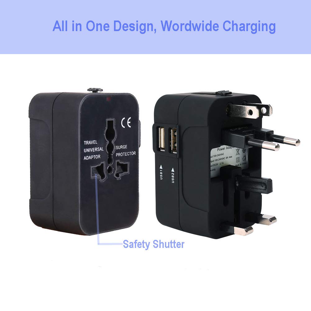 Travel Adapter, Worldwide All In One International Power Adapter Universal Adapter Plug With 2.1A Dual Usb Charging Ports For As