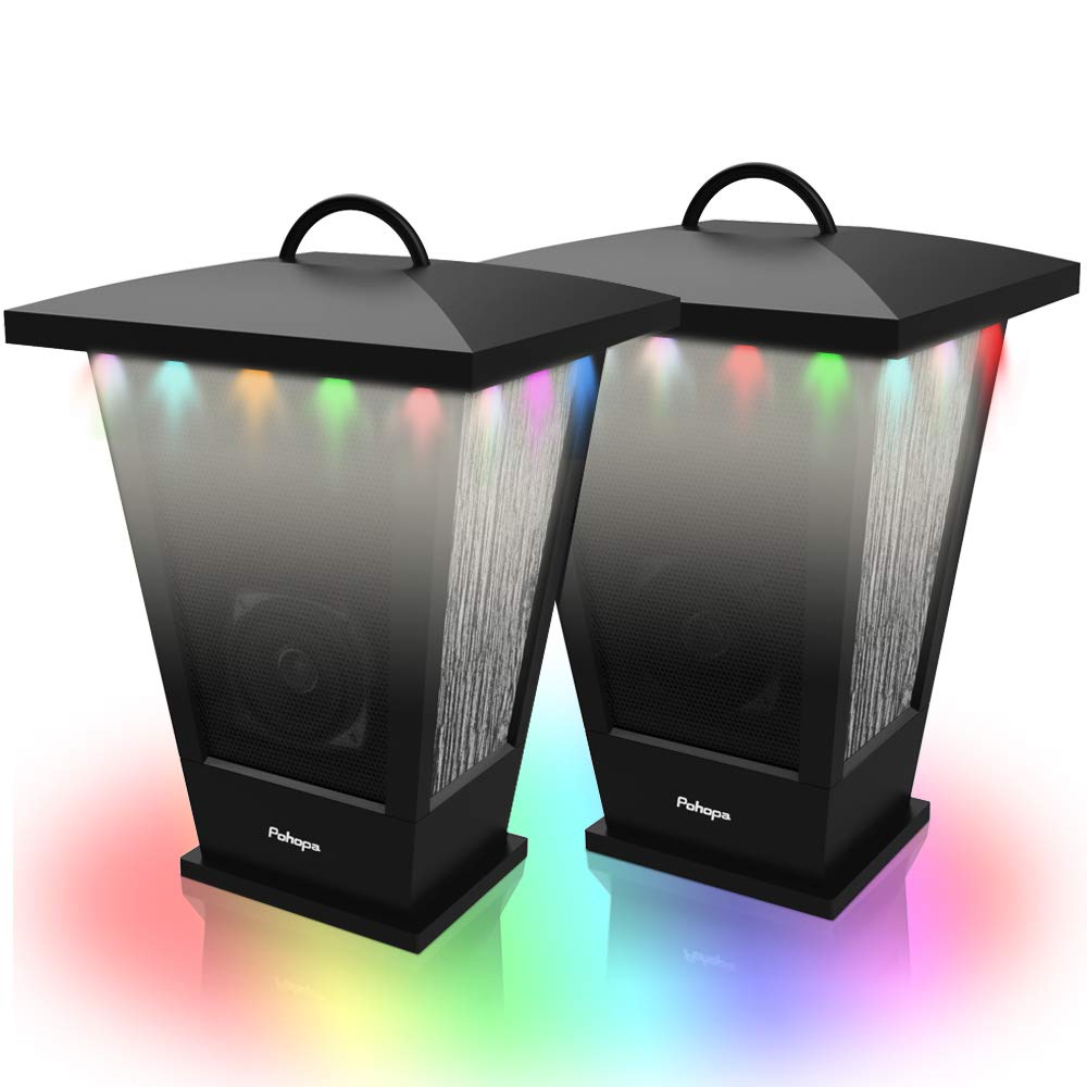 Pohopa Bluetooth Speakers Waterproof, 2 Packs True Wireless Stereo Sound 20W Dual Pairing Lantern Indoor Outdoor With 20 Piece Responsive Led Color Lights, Richer Bass, Black
