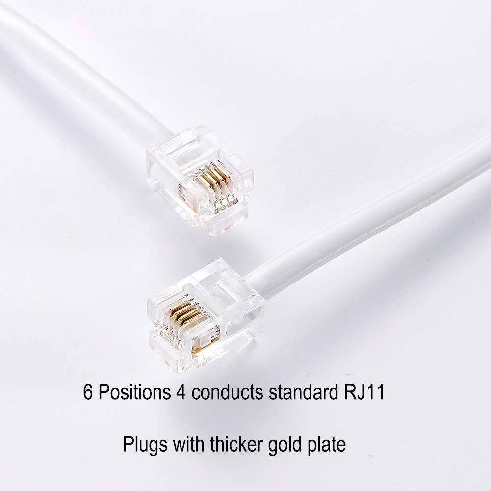 Telephone Extension Line Cord Cable Wire, Land Phone Line, White, 25Ft, Standard Rj11 Plugs