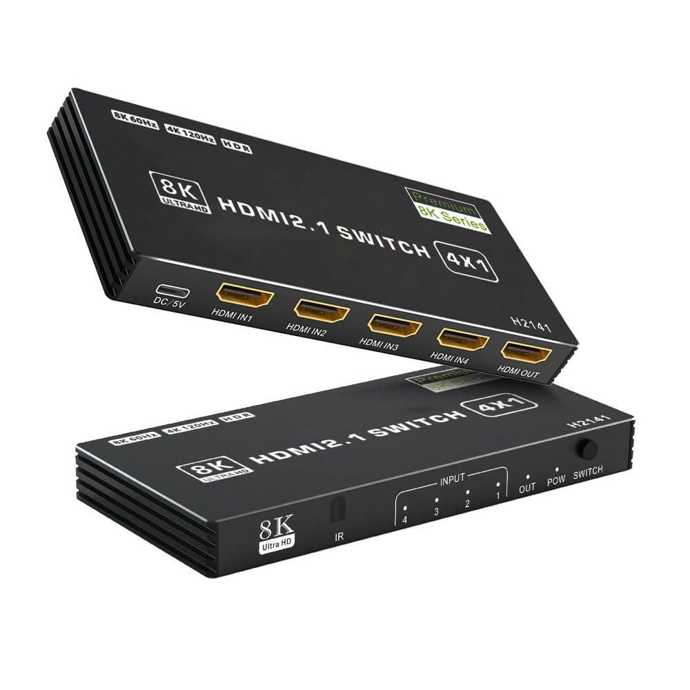 Lukfocab 8K Hdmi Switch 4 In 1 Out, 4 Ports Hdmi 2.1 Switch Box With Ir Remote Control, 48Gbps Hdr10 Hdcp2.3 Dpcp Supported, Aut