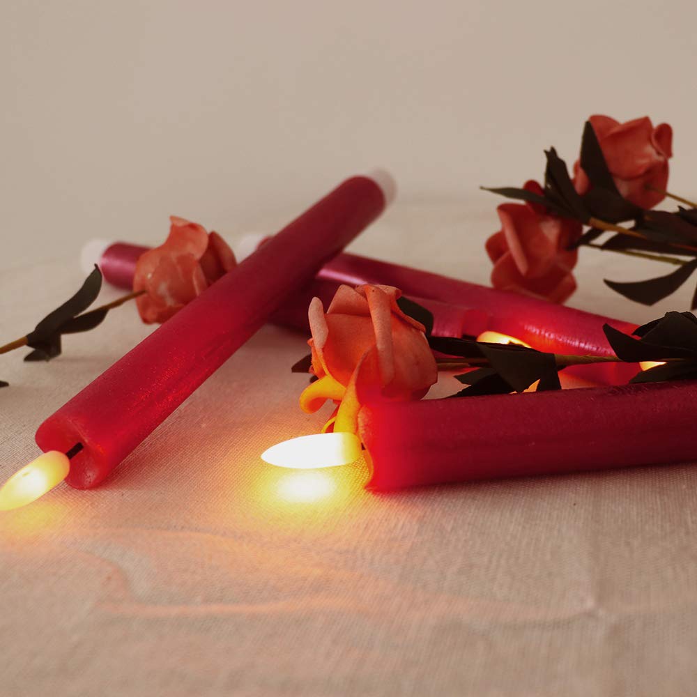 Wondise Flameless Taper Candles With Timer, Battery Operated Real Wax Realistic 3D Wick Burgundy Candles, For Home Wedding Holid