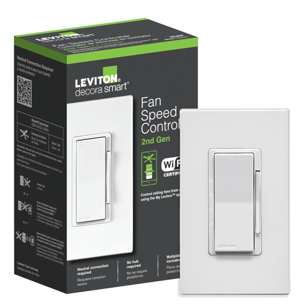 Leviton Decora Smart Fan Speed Controller, Wi Fi 2Nd Gen, Neutral Wire Required, Works With My Leviton, Alexa, Google Assistant,