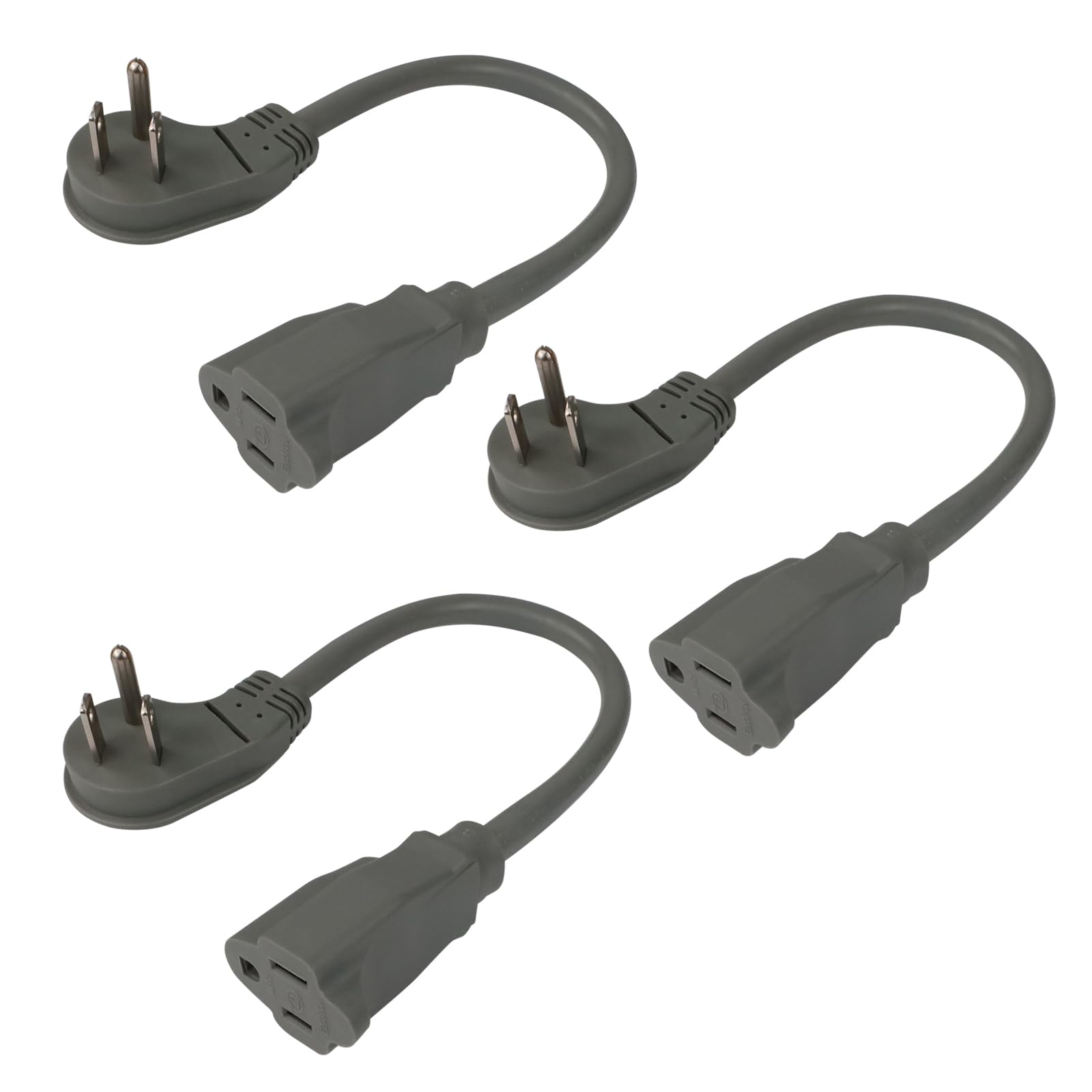Ep 3 Pack 1 Ft Flat Plug Extension Cord, 16 Awg 3 Prong Grounded Grey Low Profile Extension Cable For Indoor