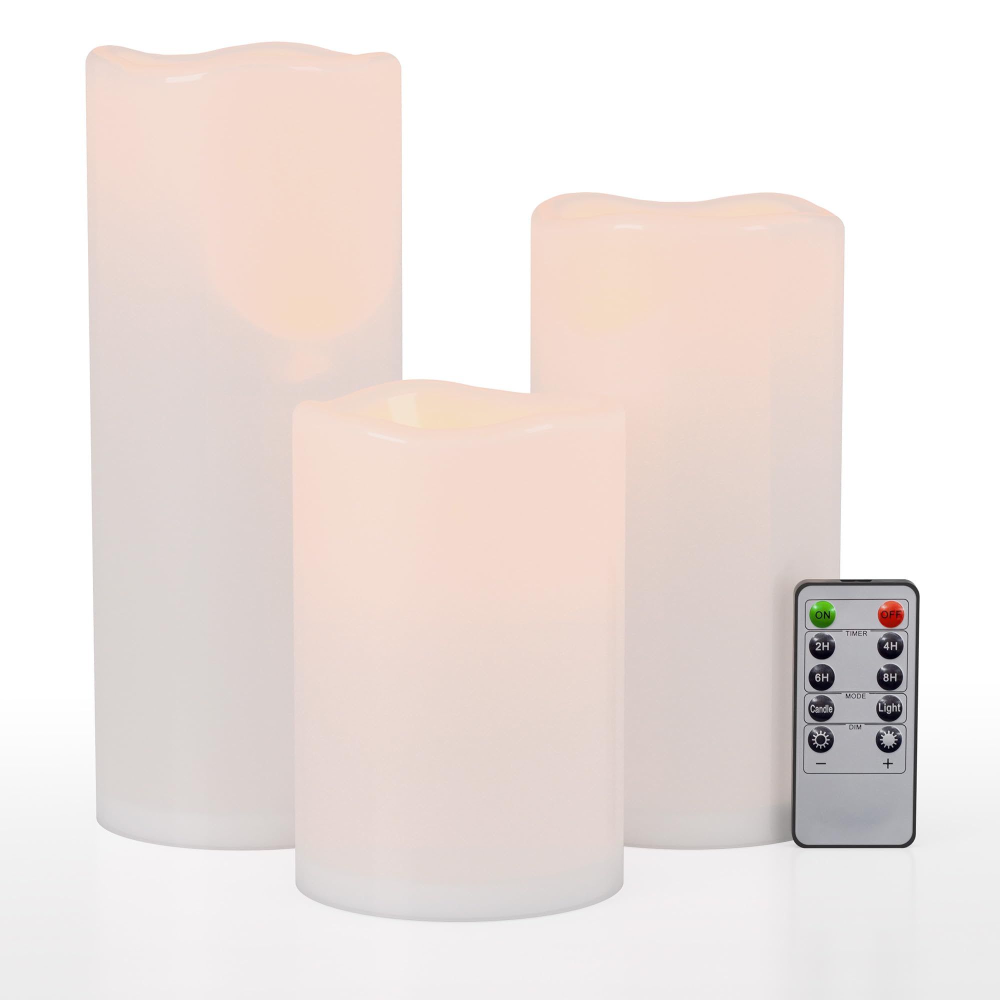 Yongmao 6 8 10 x 4 White Large Waterproof Outdoor Flameless Candles Battery Operated LED Flickering Pillar Candles with Remote a