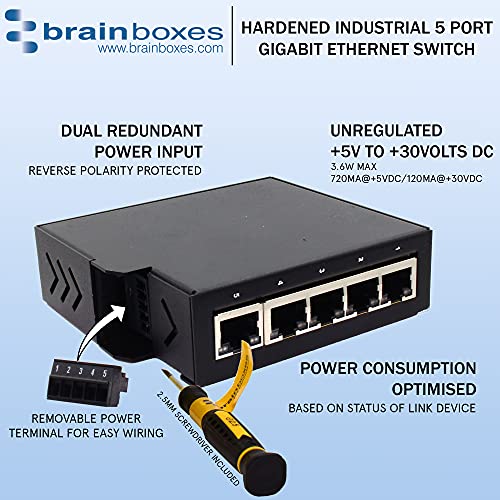 Brainboxes - Sw-715 - Brainboxes Hardened Industrial 5 Port Gigabit Ethernet Switch Din Rail Mountable - 5 Ports - Taa Compliant