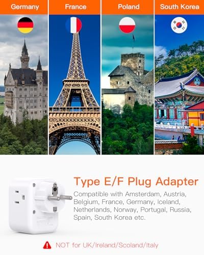 ?2 Pack? Germany France Travel Plug Adapter, Type E/F International Power Adapter With 3 Outlets 3 Usb(2 Usb C), Travel Essentia