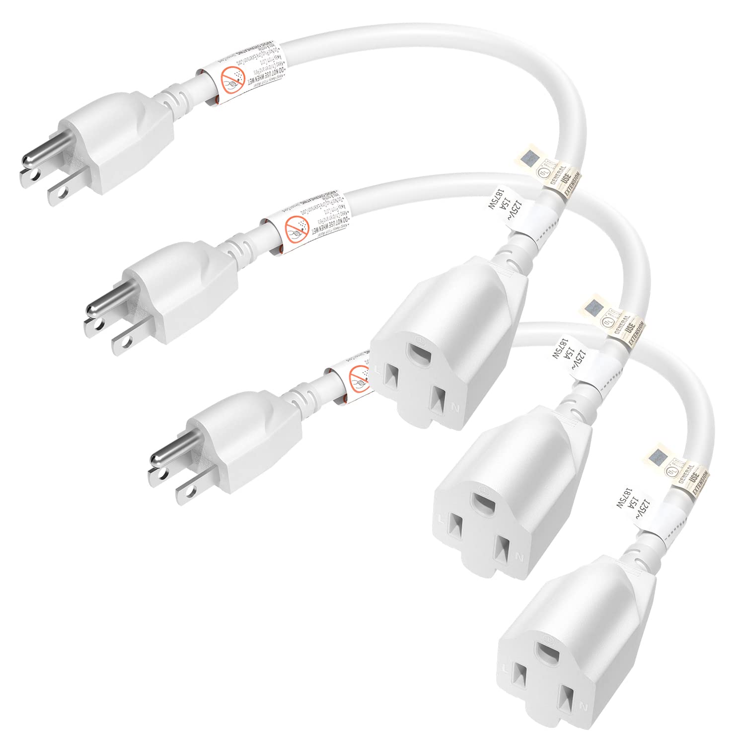 Firmerst 15 Amp 1 Foot 3 Prong Extension Cord 14 Gauge 1875W Ul Listed White, 3 Pack