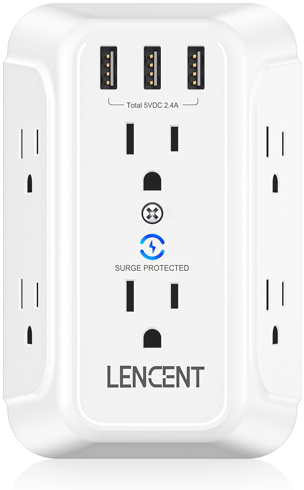 Usb Wall Charger, Surge Protector 6 Outlet Extender With 3 Usb Ports, 1728J Power Strip Multi Plug,3 Sided Widely Spaced Adapter