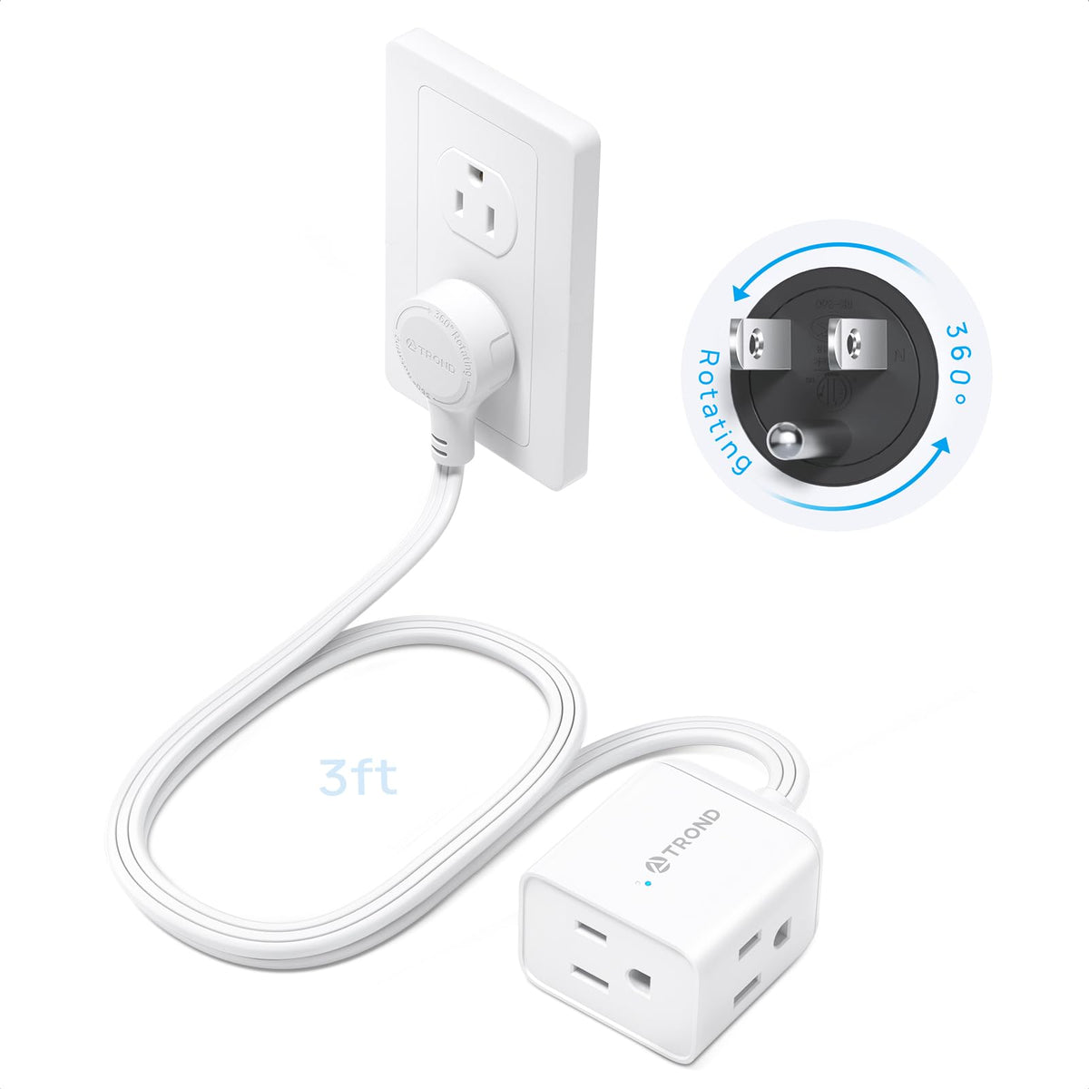 Trond Short Extension Cord 3Ft With 360 Rotating Flat Plug, Low Profile Small Power Strip, Three Prong Grounded Outlets Cube, 13