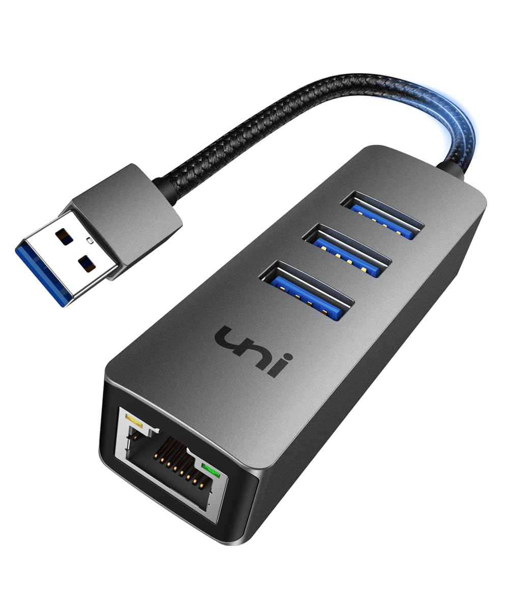 Uni Usb To Ethernet Adapter, Usb 3.0 Hub With 100/1000 Mbps Rj45 Ethernet Driver Free, Sturdy Aluminum 4 In 1 Usb A To Lan Netwo