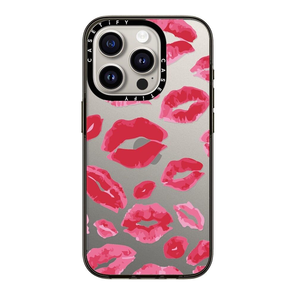 Casetify Compact Iphone 15 Pro Case [2X Military Grade Drop Tested / 4Ft Drop Protection]   Lipstick Kisses   Clear Black