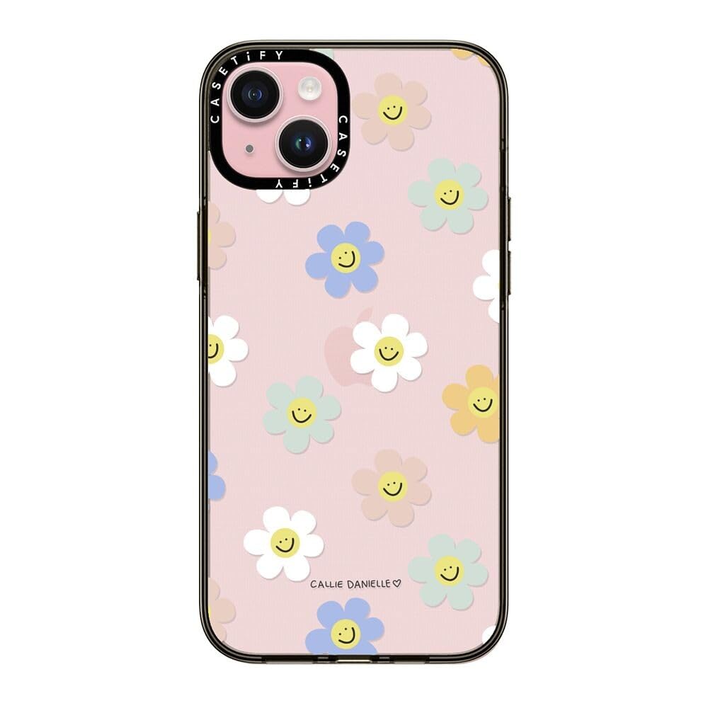 Casetify Compact Case For Iphone 15 [2X Military Grade Drop Tested / 4Ft Drop Protection]   Happy Daisies   Clear Black