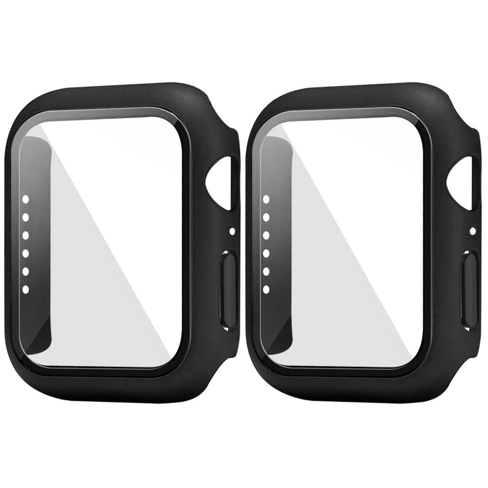Hankn 2 Pack Matte Black 44Mm Case Compatible With Apple Watch Series 6 5 4 Se 44Mm Tempered Glass Screen Protector Case, Full C