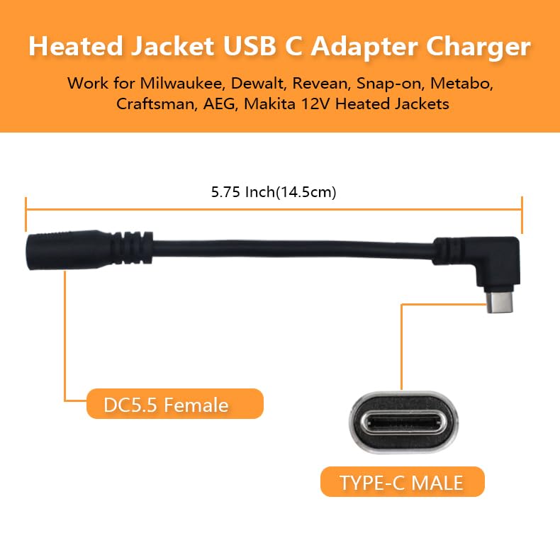 Wamlet Heated Jacket Charger Usb Voltage Step Up Dc Plug For Milwaukee, Dewalt, Snap On, Metabo, Revean, Craftsman, Aeg, Makita