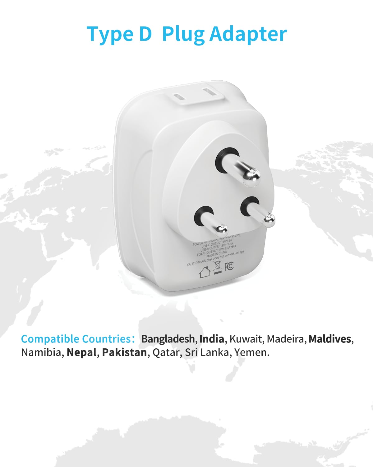 Us To India Plug Adapter,Vintar Type D Travel Adapter With 1 Usb C,3 Usb Ports And 2 American Outlets,6 In 1 India Power Adapter