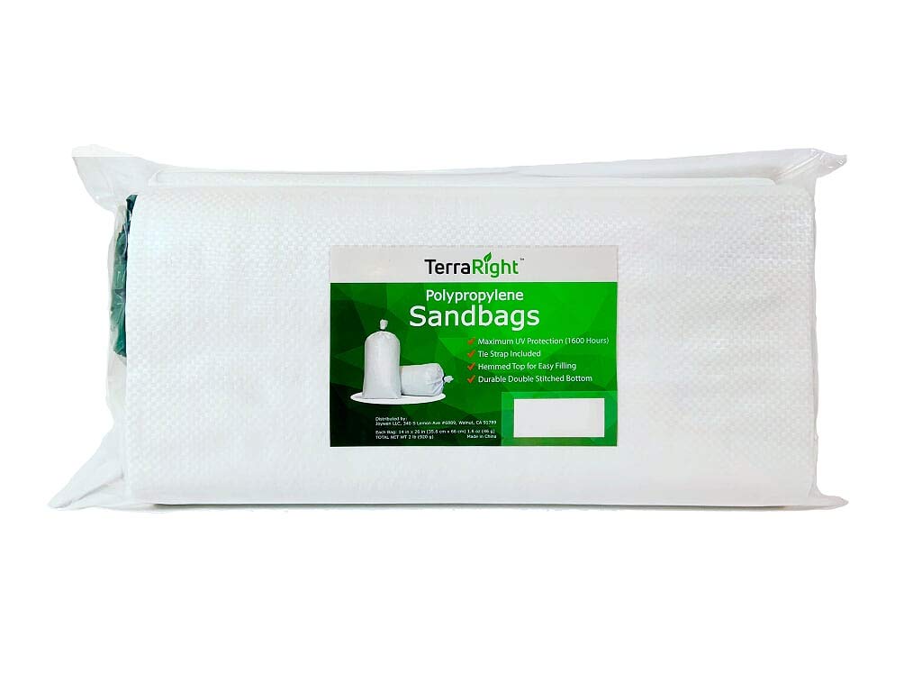 Terraright Sandbags   Extra Durable Empty White Woven Polypropylene Sand Bags W/Ties, Max. Uv Protection, 14'' X 26'' (50 Count)