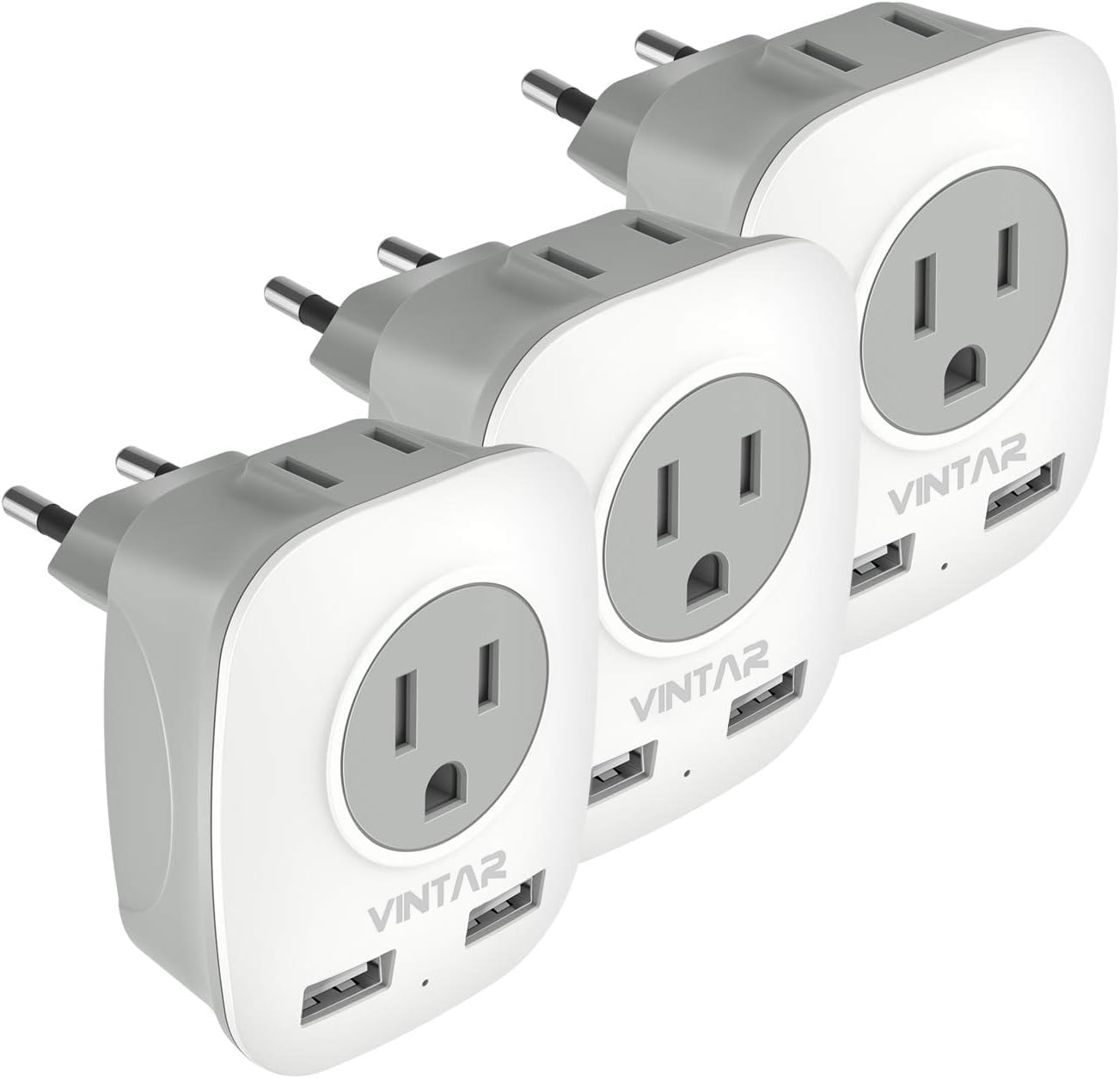 3 Pack European Travel Plug Adapter, Vintar International Power Plug Adapter With 2 Usb Ports,2 American Outlets 4 In 1 Travel E