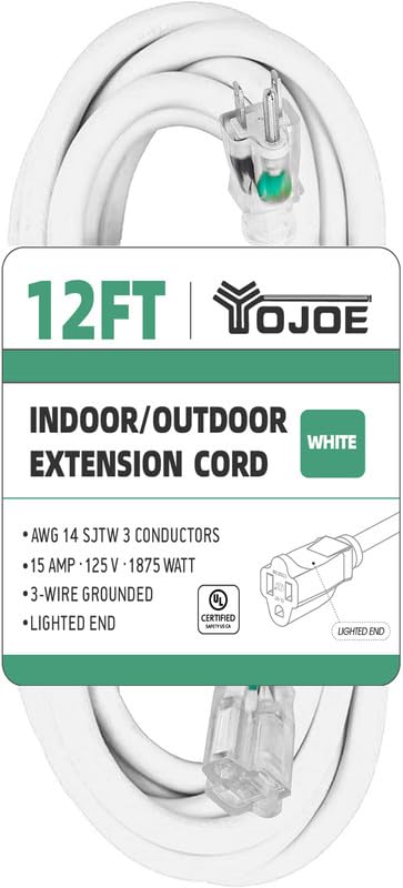 Yojoe Indoor Outdoor Extension Cord With Lighted End, 3 Prong 15A Weatherproof Power Extension Cord, 14 Gauge Heavy Duty 12 Ft W