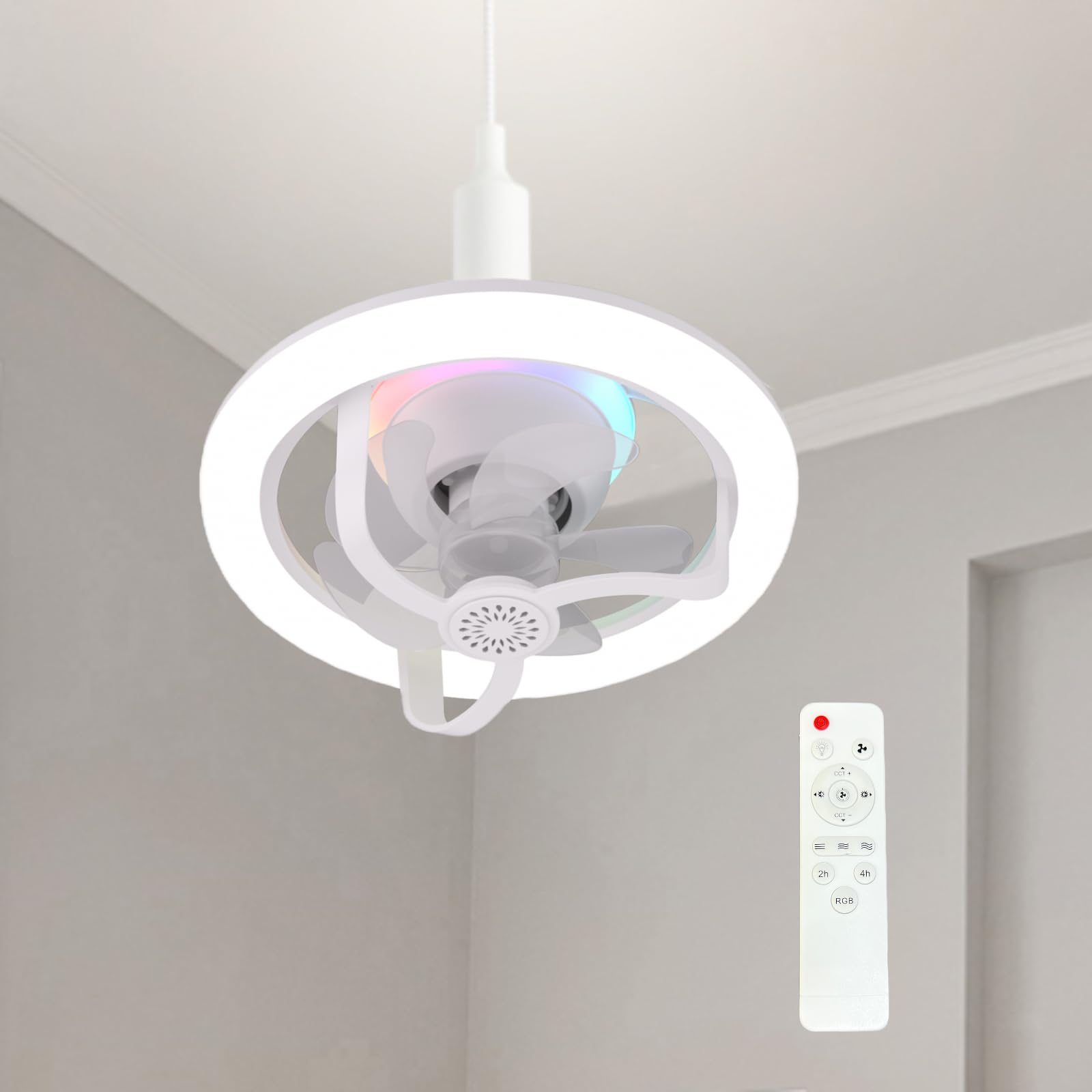 WOTOFULIN 11 Inch E26/E27 Socket Fan With Light - Dimmable Remote Ceiling Fan With 360 Rotation, RGB Mode, 3 Speeds for Bedroom,