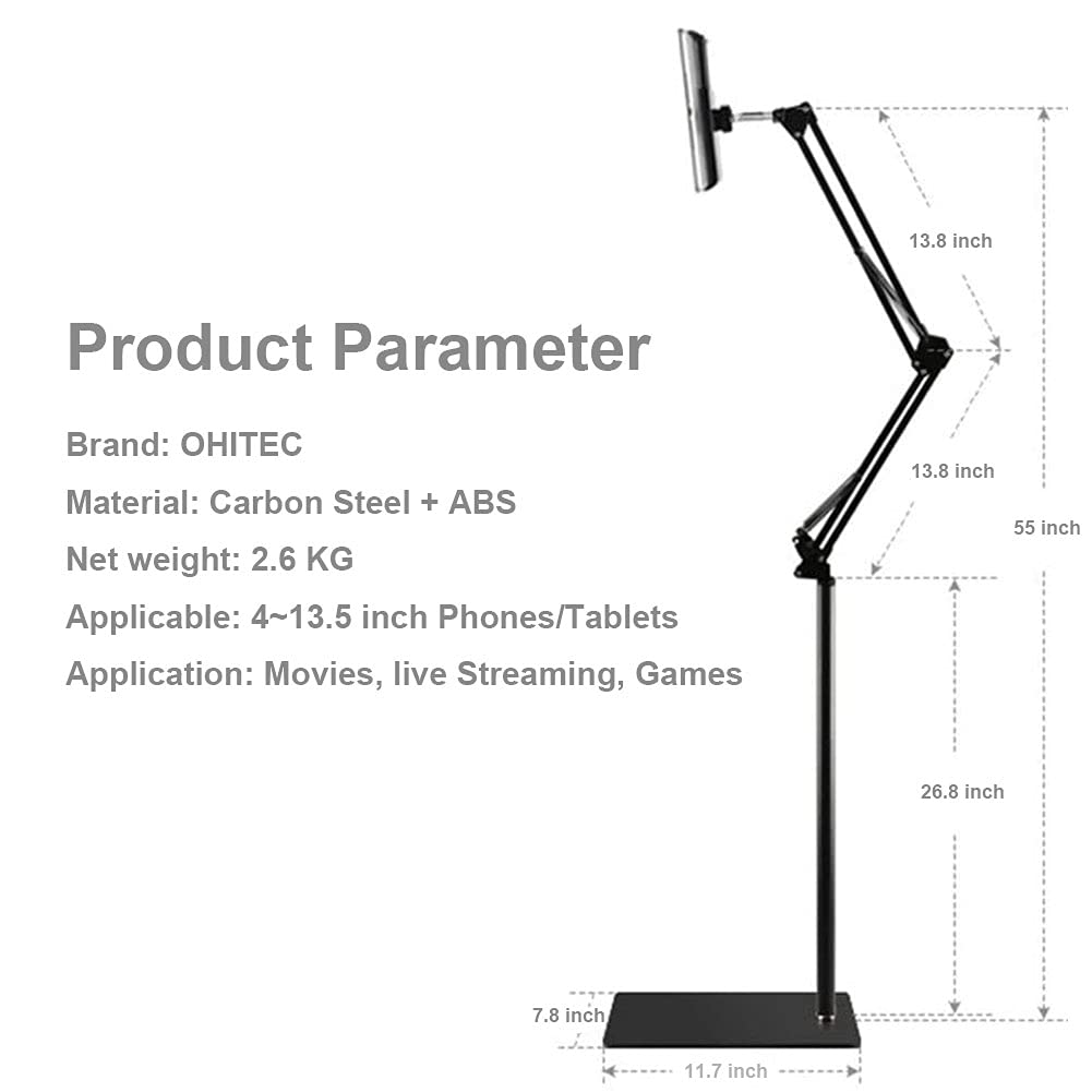 Ohitec Phone/Tablet Floor Stand, Heavy Duty Steel Metal Universal Adjustable Mobile Cell Smartphone Mount Lazy Bracket 360 Degre