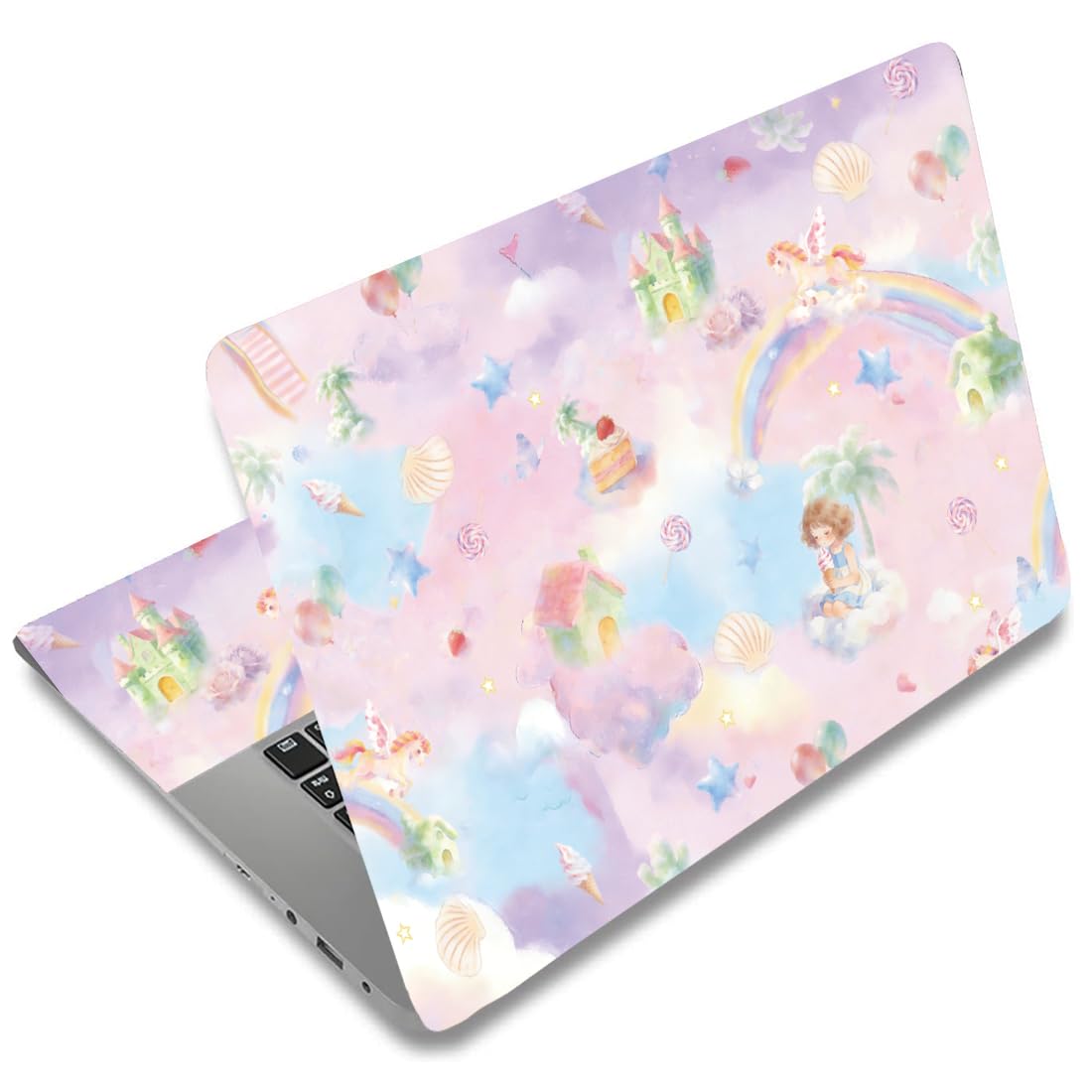 SUPERDANT 3Pcs Macaroon Fairy-Tale Laptop Decal Castle Rainbow Cloud PVC Skin Scratch-Proof Bubble-Free Trim-Grid Universal 13-1