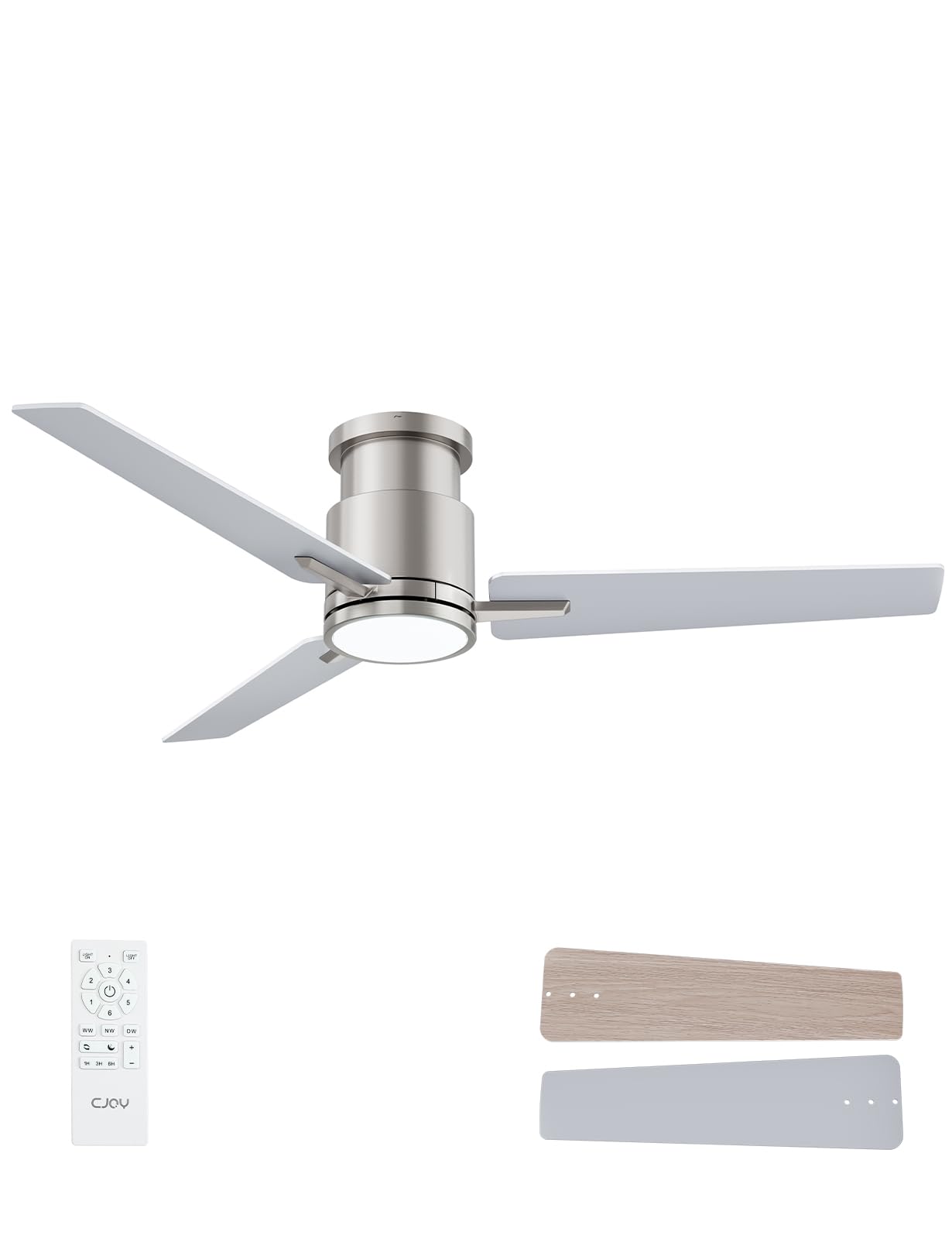CJOY 52 Flush Mount Ceiling Fan with Lights, Brushed Nickel Ceiling Fans with Lights and Remote, 6 Speeds Quiet Reversible DC,