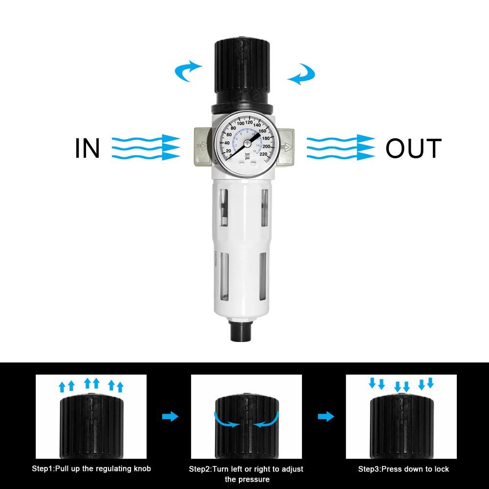 Beduan 3/8 '' Heavy Duty Nptcompressed Air Pressure Regulator Filter,Water/Oil Trap Separator Combo Tool Compressor Filter(Mini)