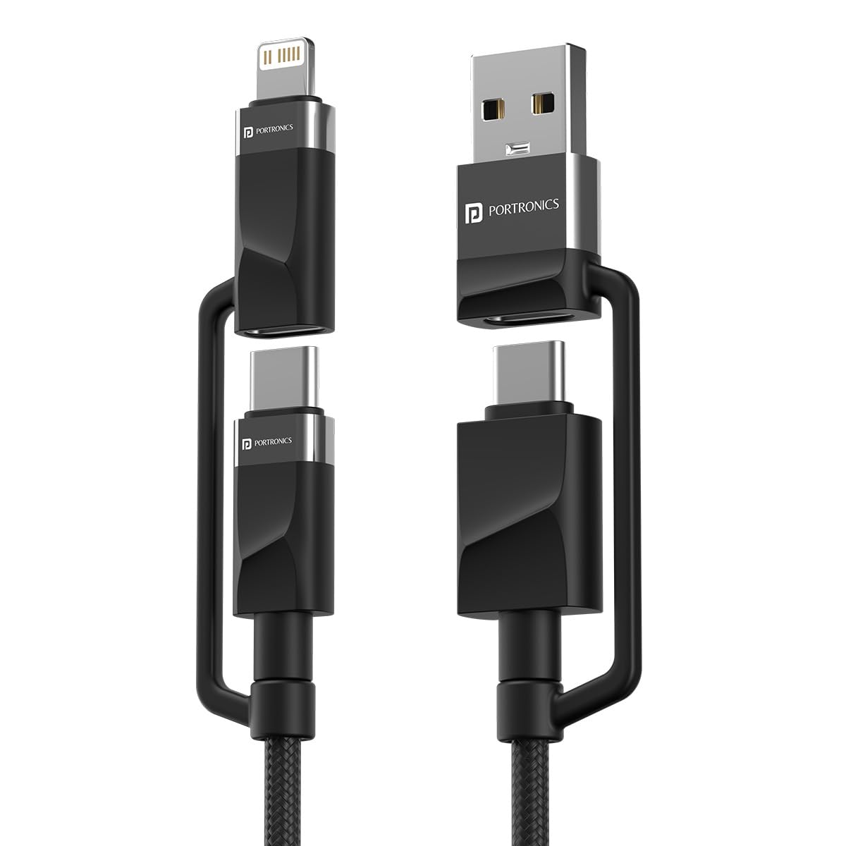Portronics Omnicord 60W 4 in 1 Nylon Braided Fast Charging Cable With Multiple Port, Type C to Type C/Lightening, USB A, Fast Da