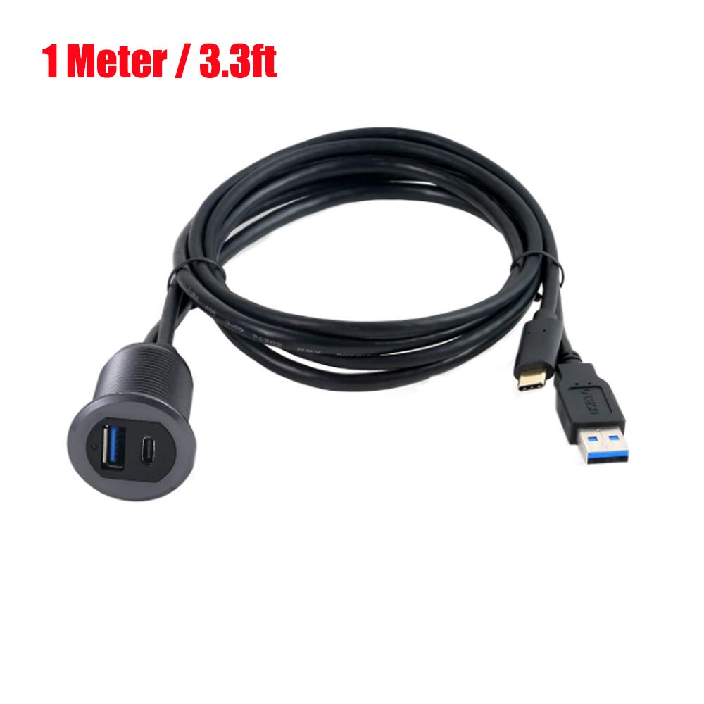 Kework Metal Shell Usb 3.0 Port & Usb Type C Port Mount With Light, 3.3Ft Usb 3.0 & Usb 3.1 Male To Female Flush Panel Dashboard Mount Extension Cable For Car Truck Boat Motorcycle (Gray & 3.3Ft)