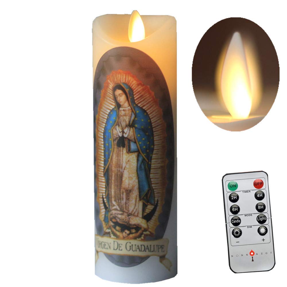 Nonno & Zgf Moving Wick Flameless Our Lady Of Guadalupe Prayer Candle, Real Wax, Virgin Mary Devotion Battery Operated Pillar Ca