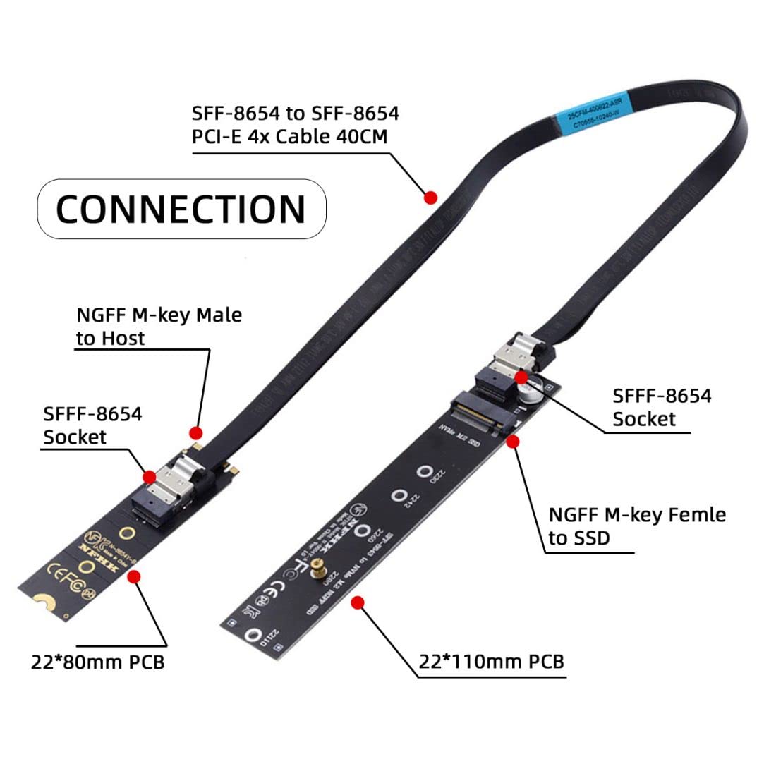 chenyang M.2 NVME M-Key SSD Male to Female Extension Cable SFF-8654 Connector 40cm Copper Black