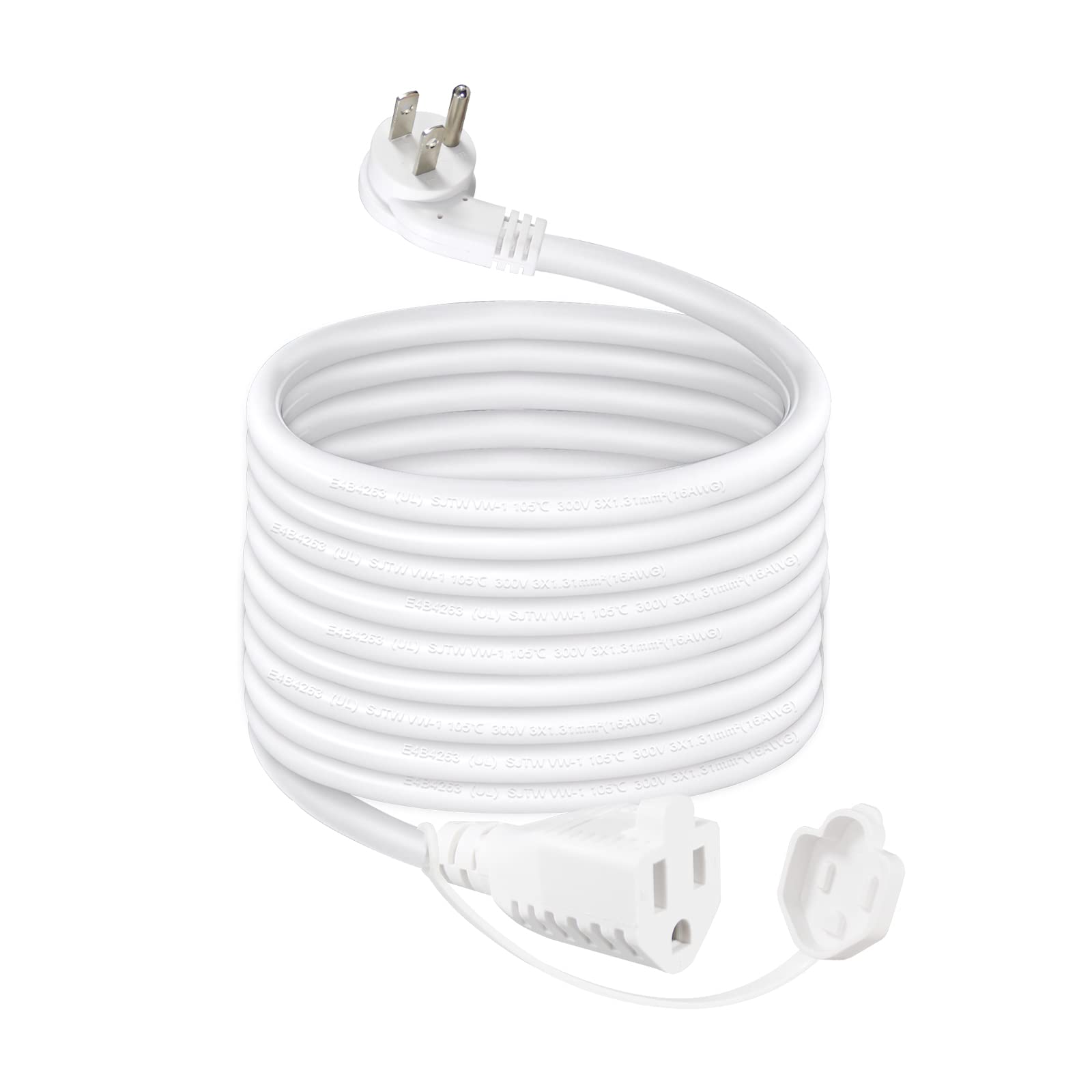 10Ft Outdoor Weatherproof Power Extension Cord   White Low Profile Flat Plug 3Prong Extension Cord, Sjtw 16Gauge Heavy Duty Weat