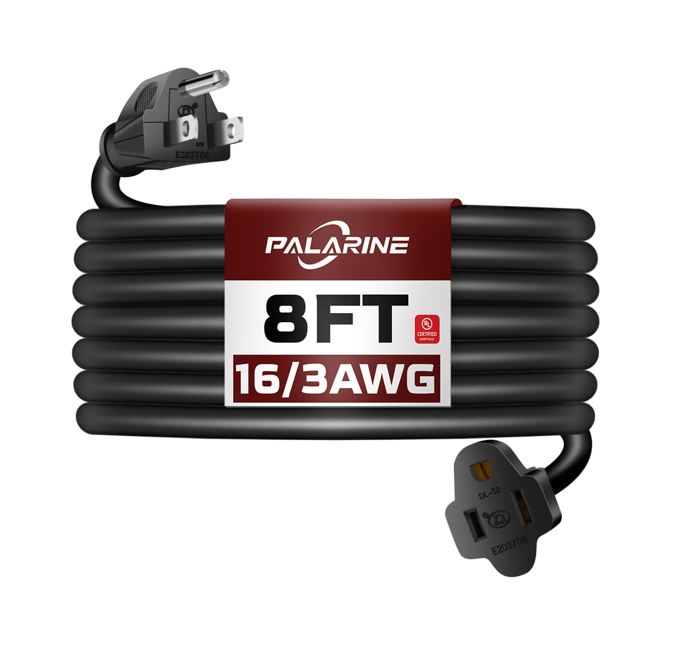Palarine 8Ft Black Outdoor Extension Cord Waterproof, Ul Listed, 16/3 Sjtw Heavy Duty 3 Prong, 16 Gauge 13A Power Cord Ideal For