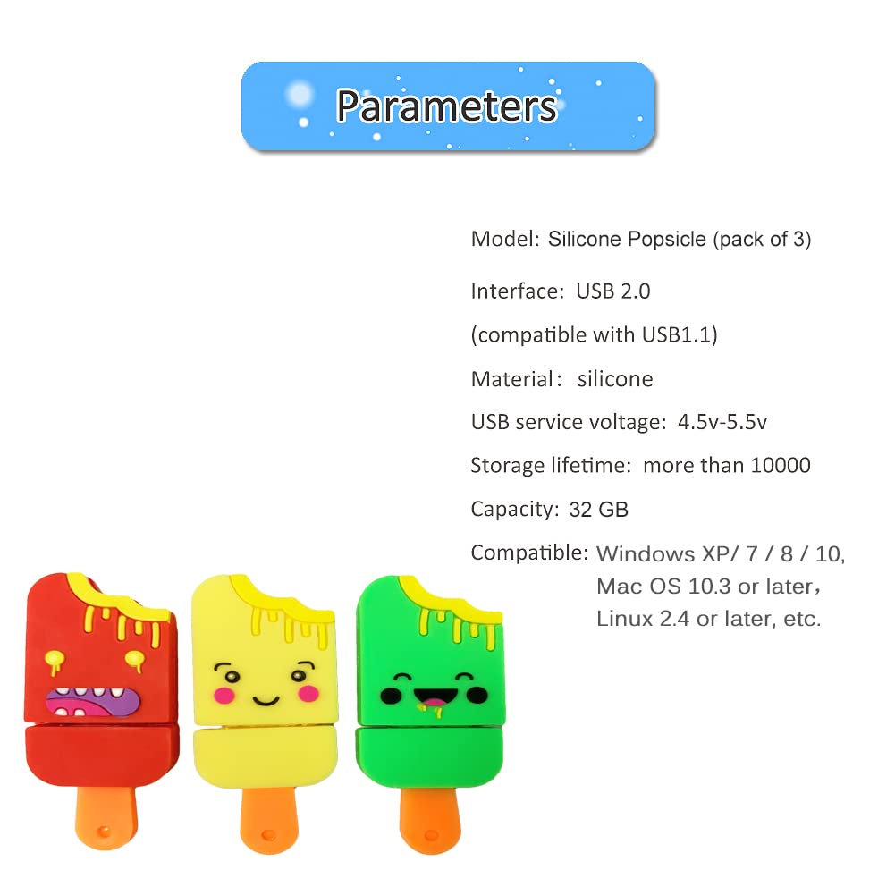 Borlterclamp Usb Flash Drive Pack Of 3 Pcs (32Gb X 3), Cute Popsicle Shaped Usb Drive Thumb Drive Memory Stick For External Data Storage