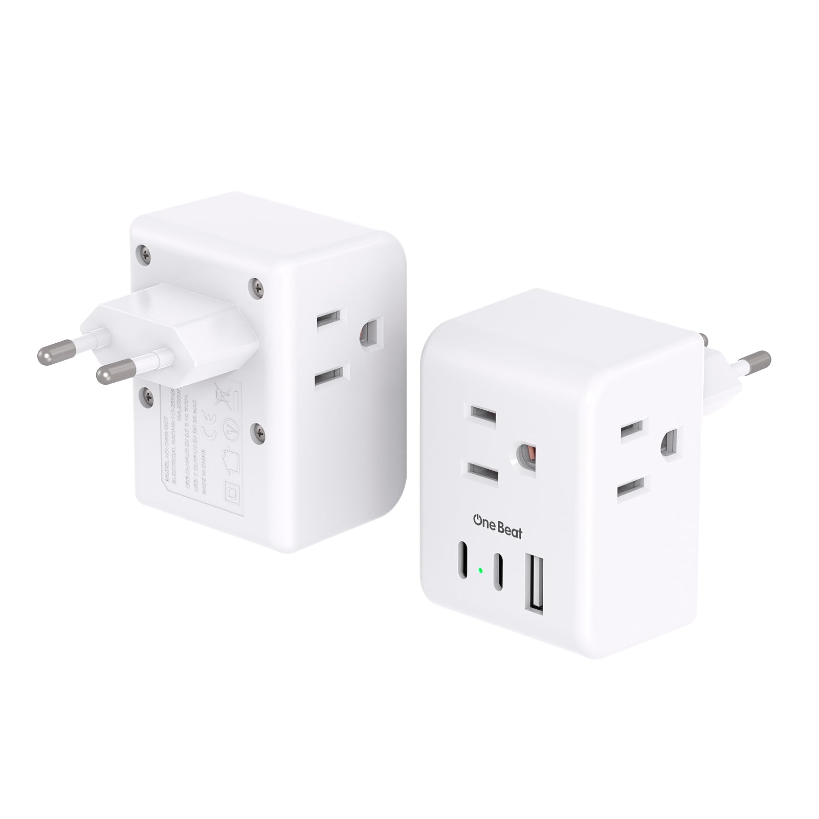 2 Pack European Travel Plug Adapter, One Beat International Power Plug Adapter With 3 Outlets 1 Usba 2 Usb C, Type C Plug Adapte