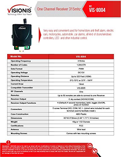 Visionis Fpc 5228 2 Mini 315Mhz Wireless Fixed Code Remote With One Channel Rf Receiver And Power Supply Kit