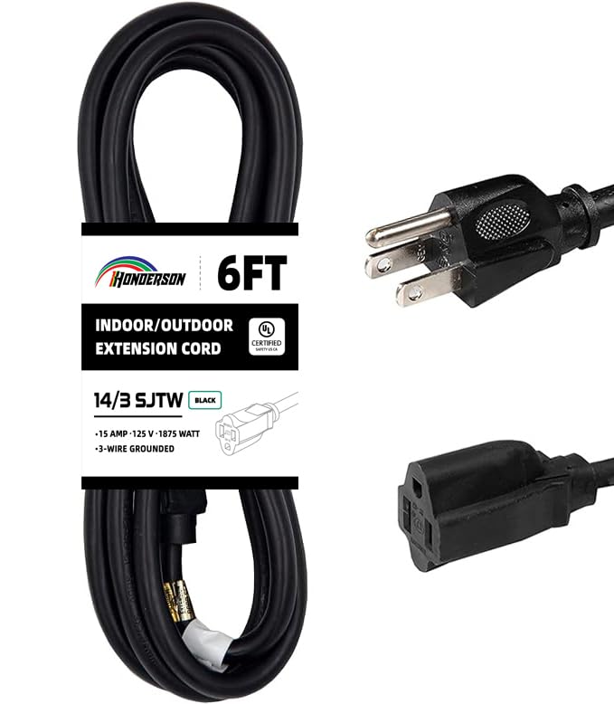 Honderson Indoor Outdoor Extension Cord Weatherproof, Ul Listed, 14 Gauge 6Ft Black 3 Prong Heavy Duty, 14/3 Sjtw 15A Power Cord