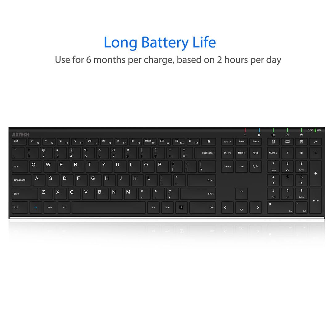 Arteck 2.4G Wireless Keyboard Stainless Steel Ultra Slim Full Size Keyboard With Numeric Keypad For Computer/Desktop/Pc/Laptop/S
