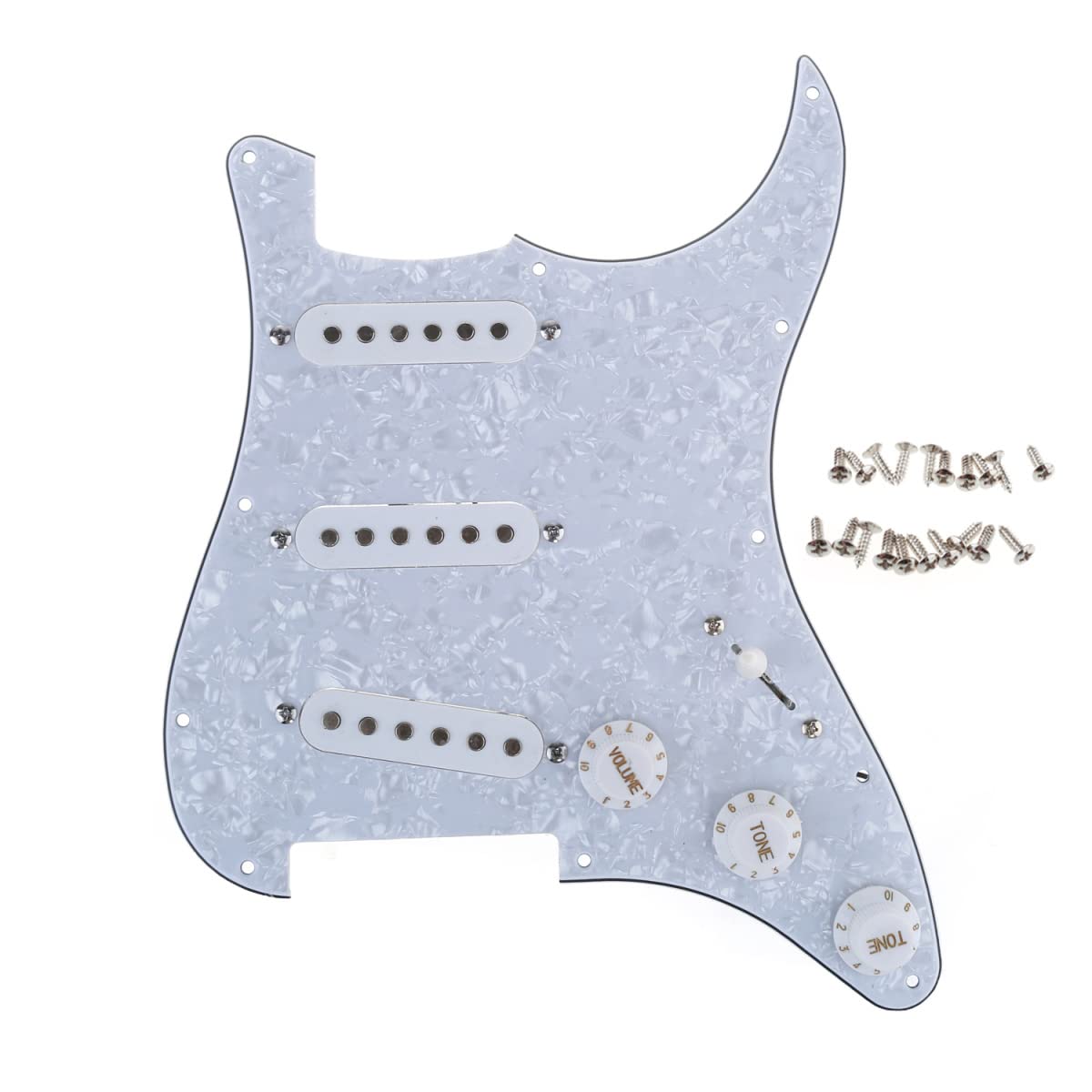 Musiclily Sss Guitar Single Coil Pickup Loaded Prewired Pickguard Set For Fender Strat Stratocaster Guitar Parts, 4Ply Pearl Whi