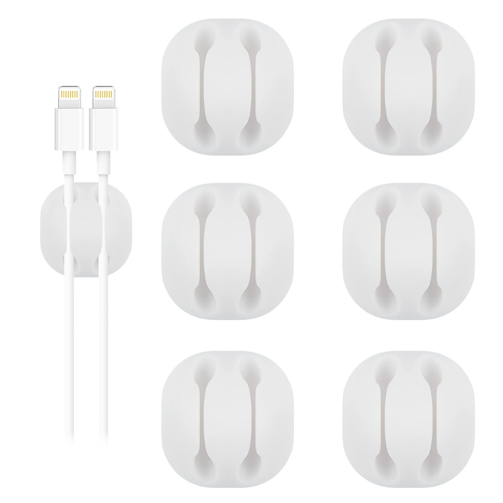 Shintop Cable Clips, 6 Pack White Double Cord Holder Adhesive Cord Management Wire Organizer For Organizing Desk Nightstand Car