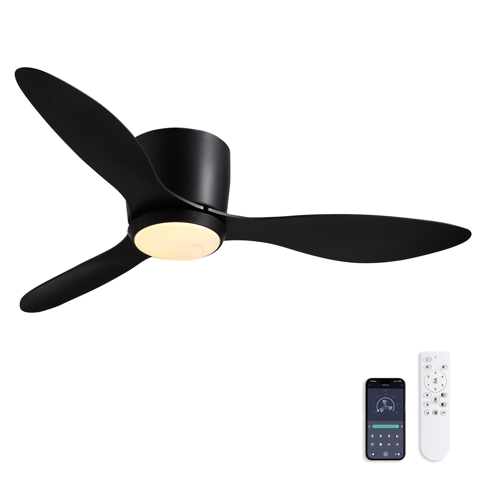 Nuoqiso 42 Inch Flush Mount Ceiling Fans with Lights and Remote Control, Black Low Profile Ceiling Fan for Bedroom, Living Room,