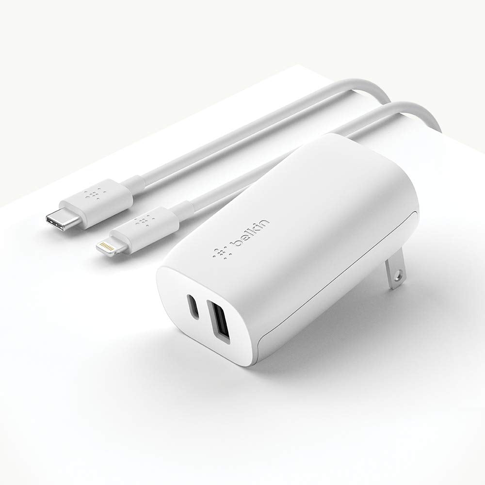 Belkin Wall Charger 32W C To Lightning Cable Included Pd With 20W Usb C & 12W Usb A Ports For Usb C Power Delivery Compatible Wi