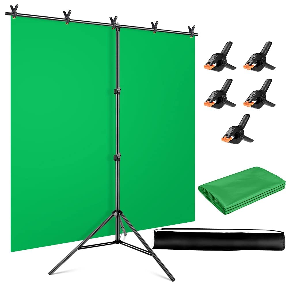 Green Screen Backdrop With Stand Kit, 5 X 6.5 Ft Portable Chromakey Green Screen Stand Kit With T Shaped Stand & Carrying Bag & 5 Clamps, Greenscreen Background With Stand For Streaming, Gaming, Zoom
