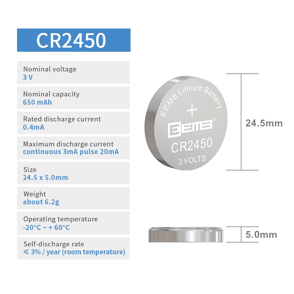 Eemb 20 Pack Cr2450 Battery 3V Lithium Battery 2450 Button Coin Cell Batteries Dl2450?Ecr2450?Br2450 For Watch Tea Lights Votive